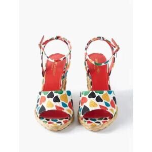 Saint Laurent Paloma 37.5/ 7.5 Sandals White Heart Print Espadrilles Wedge NIB